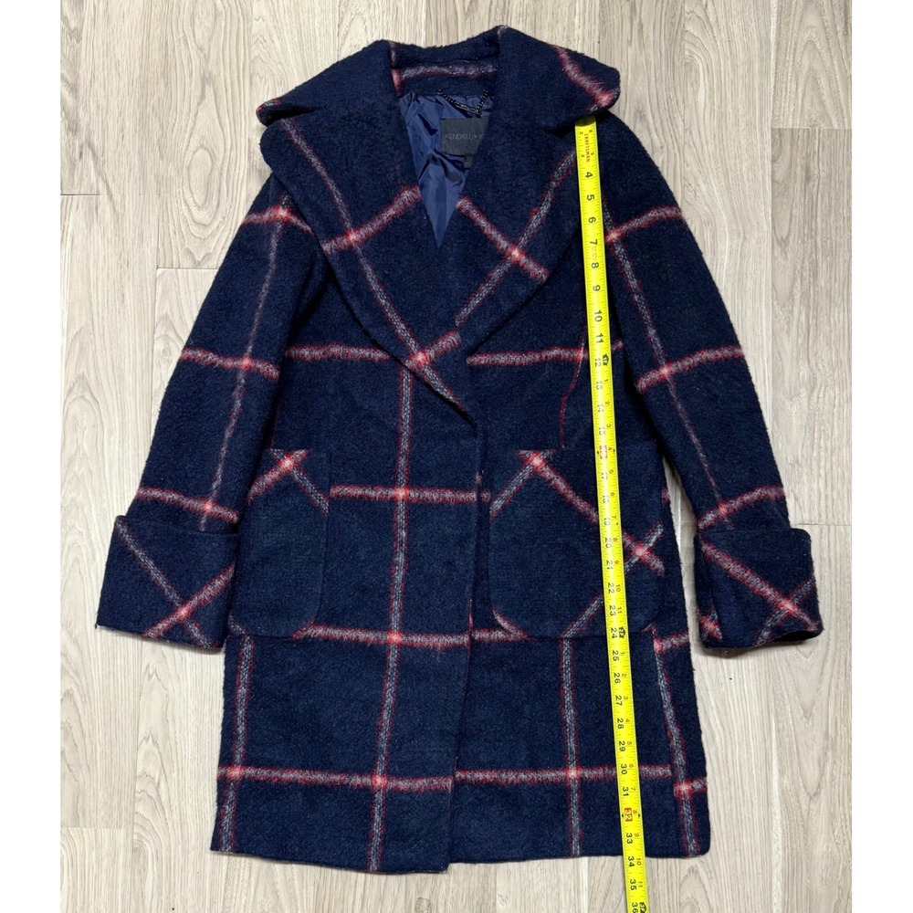 Kendall + Kylie Plaid Wool Blend Coat Jacket Womens XS‎ Navy Blue Red Outerwear